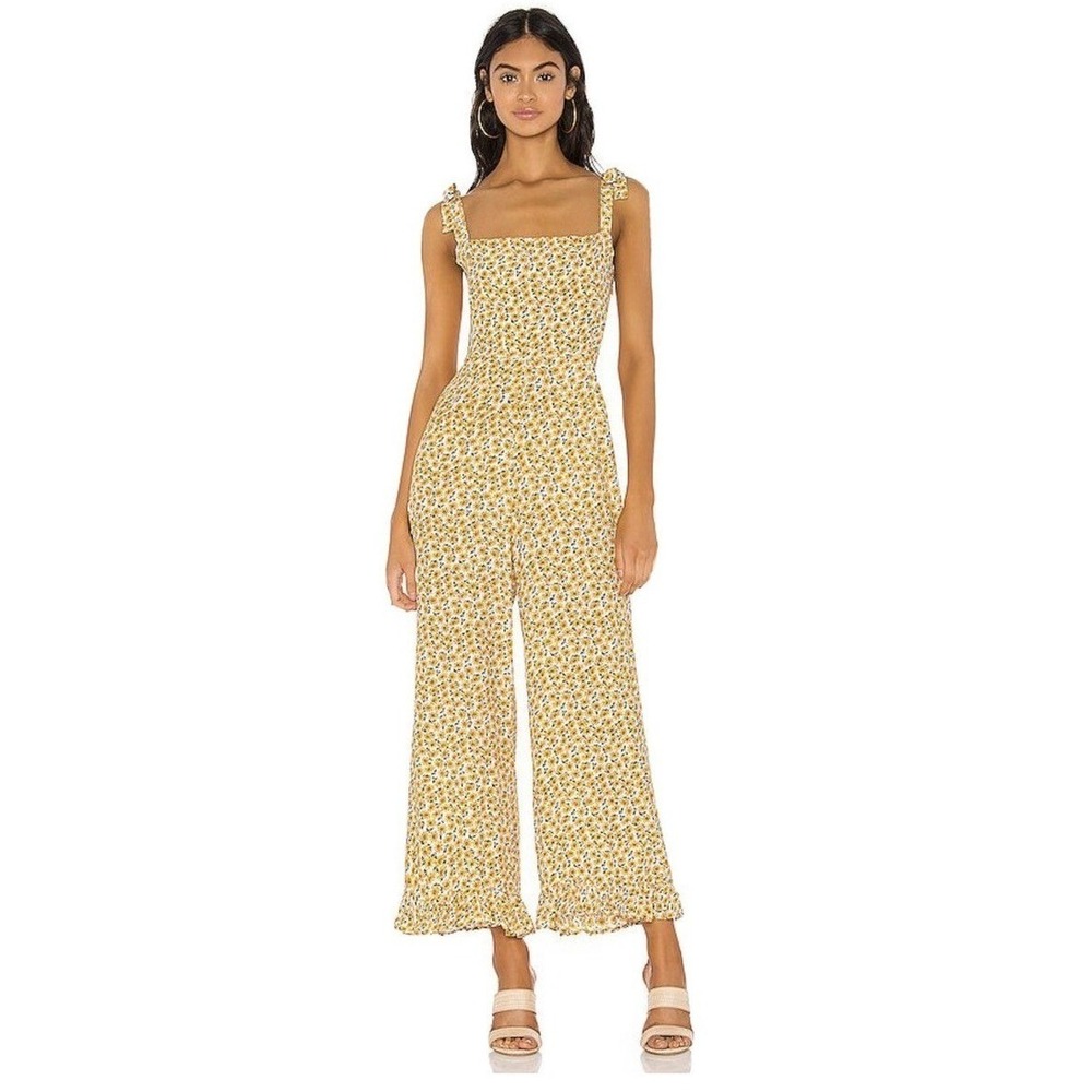 Smocked Floral Wide-Leg Jumpsuit in Yellow